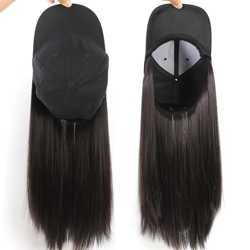 Long Wavy Curly Synthetic Wig Baseball Cap Hair Extensions Hat Wigs Black Brown Adjustable Hairpiece for Women
