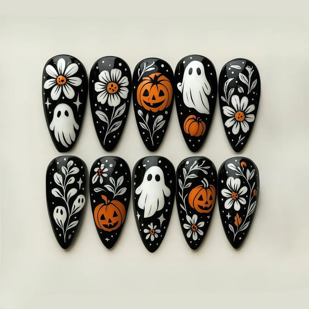 30pcs Halloween Press On Nails Gothic Skeleton Skull Spider Web Black Cat Haunted House Fake Nail Almond False Nail for Women