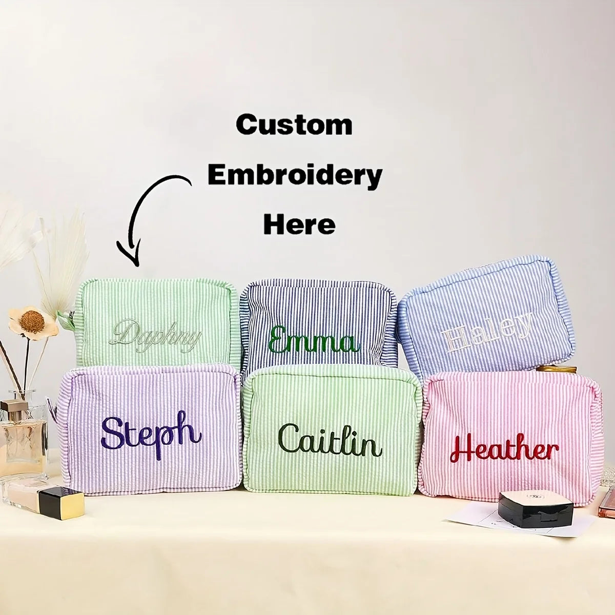 Custom Name Embroidered Makeup Bag Striped Cosmetic Pouch Travel Toiletry Organizer Large Capacity Zipper Pencil Case Gift Women