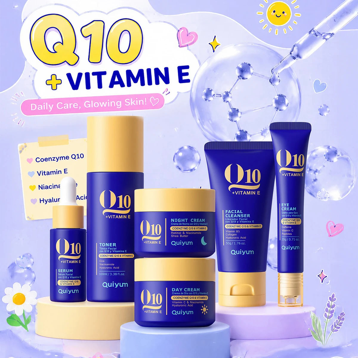 QUIYUM 6Pcs Coenzyme Q10 Vitamin E Anti-Aging Skincare Set, Cleanser Toner Serum Eye Cream Day Night Cream Hydrating Facial Kit