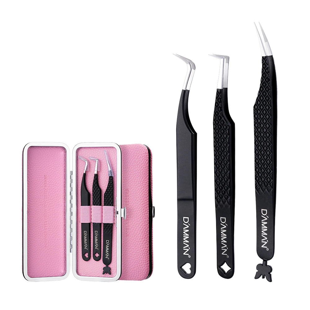 DAMMAN 3PCS Lash Tweezers Set Fiber Tip Tweezers for Eyelash Extension High Precision Eyelash Tweezers with Leather Case