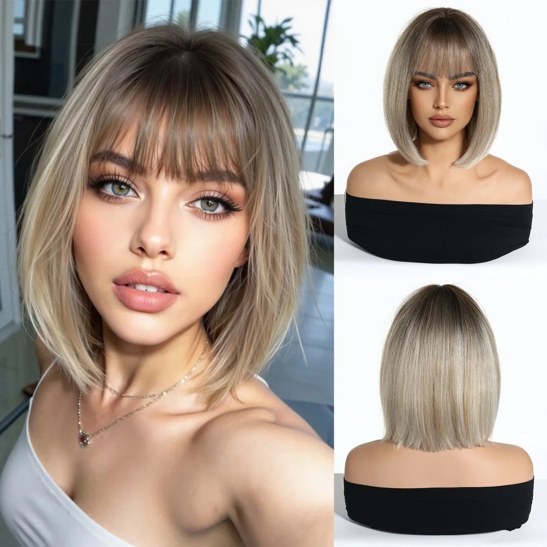 ALAN EATON Short Ombre Brown Synthetic Natural Bob Straight Wigs with Bang for Women Party Daily Use Heat Resistant Fiber