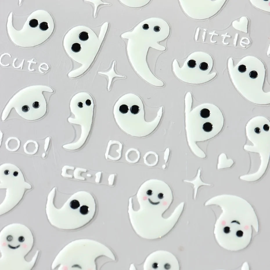 Halloween Nail Stickers - 3D Glow in Dark Cute Ghost Design Luminous Self Adhesive Nail Decals for Halloween