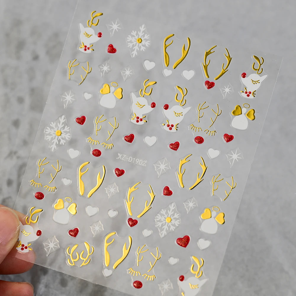 12Pcs Red Glitter Christmas Nail Sticker Gold Silver 3D Santa Claus/Snowflake/Elk/Snowman Winter Nail Decals Xmas Festival Decor