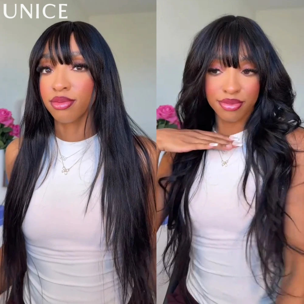 Unice Hair Layered Cut Yaki Straight Wig With Bangs 100% Human Hair Full Machine Made Wig 150% Density
