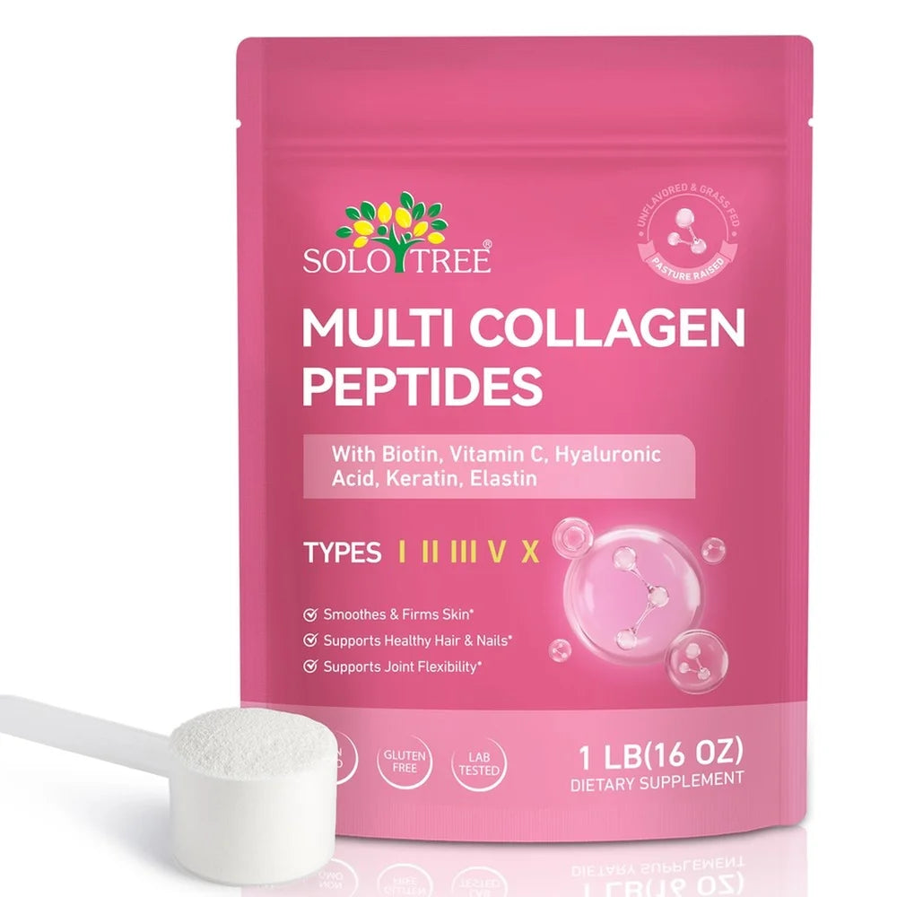 Multi Collagen Peptides Powder Types I II III V X with Biotin Vitamin C Hyaluronic Acid for Skin Hair Nails Joint Support 1LB