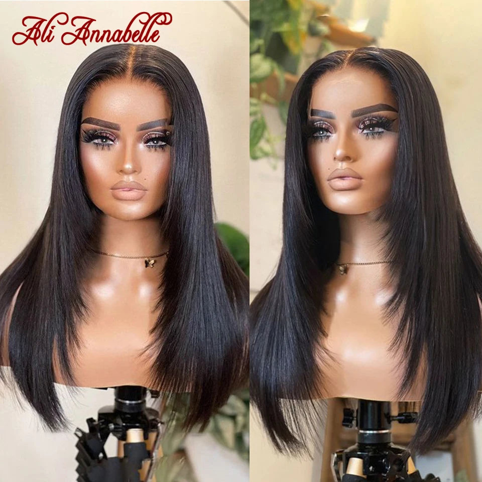 Wear Go Wigs 6x5 Pre Cut Lace Straight Hair Layered Cut Glueless Wigs Human Hair Wigs For Women Ready To Wear Pre Bleached Knots
