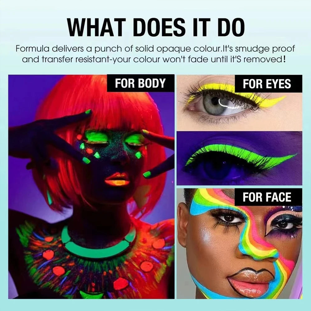 6Pcs Neon Fluorescent UV Glow Eyeliner, Waterproof Long Lasting Colorful Liquid Eye Liner, Rave Party Halloween Makeup Tools
