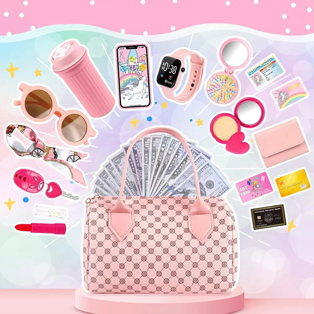Little Girls Play Purse Kids Pretend Play Purse Cell Phone/Makeup/Keys Princess Makeup Cosmetic Set for Christmas Birthday Gift