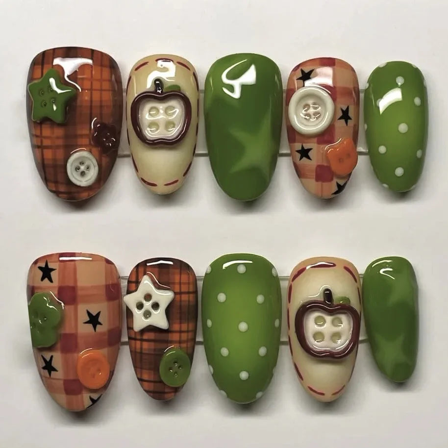 24PCS Cute Cartoon Red Apple False Nails Green Polka Dots Plaid Patterns French Fake Nails Tip Sweet Fruit Almond Nails Press On