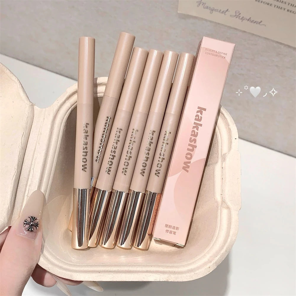 3D Contouring Pen Matte Bronzer Stick Grey Brown Nose Shadow Contour Pen With Brush Double Head Facial Contour Stick Makeup
