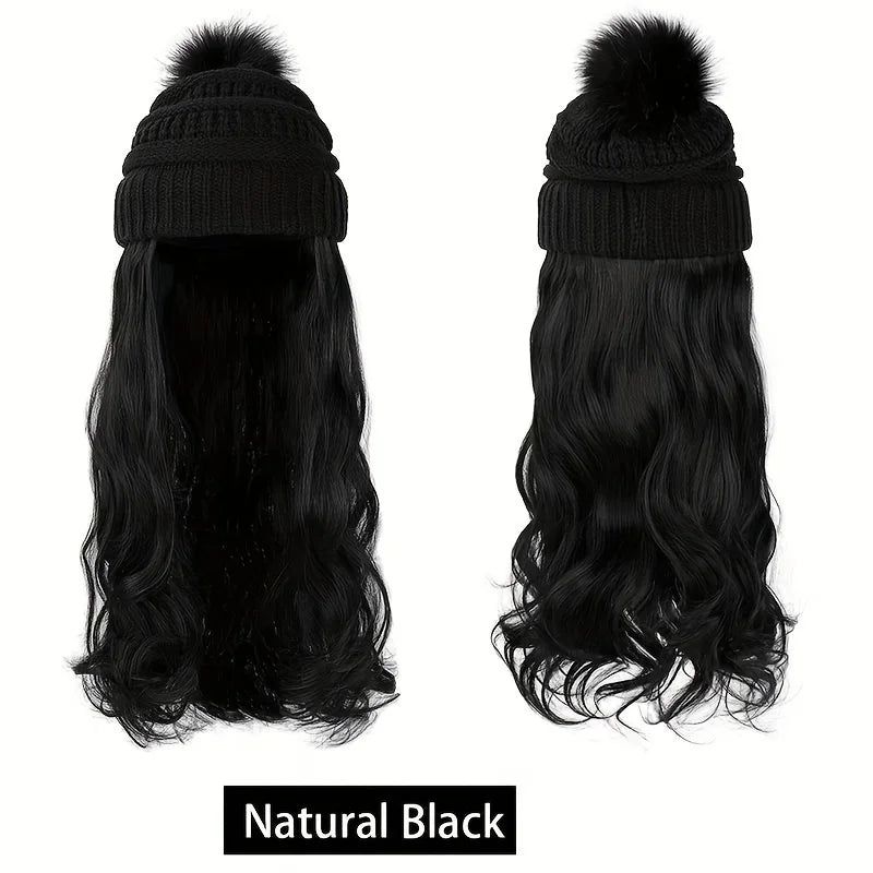 20inch Long Water Wavy Synthetic Hairpiece Beanie Hat - Woven Wigs with Knit Pom Cap and Warm Winter Design - Soft, Detachable,