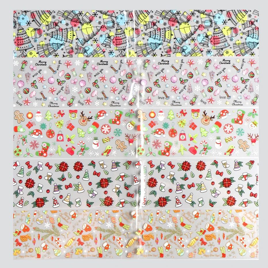 10pcs Christmas Nail Foils Transfer Stickers Xmas Tree Nail Decals Gingerbread Snowflake Winter Festive Nail Art Foil Decoration