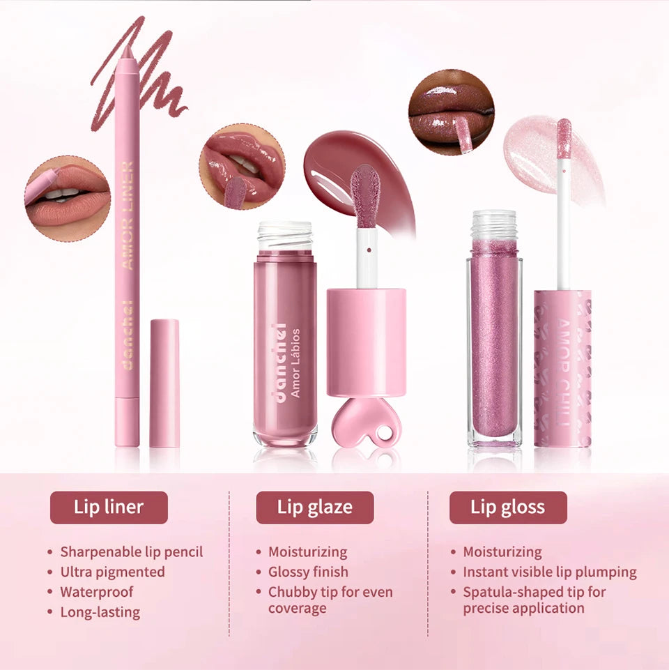 Christmas Gift For Women Lip Makeup Set 3Pcs Lip Cosmetic Kit Heart Shape Plumper Lip Gloss Lip Line Longwear Hydratin