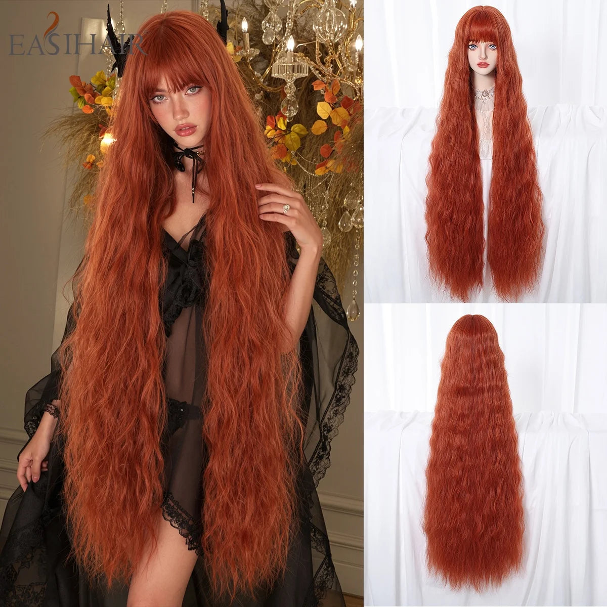 Copper Red Super Long Curly Synthetic Wig with Bangs Ginger Lolita Wavy Heat Resistant Cosplay Halloween Party Wigs for Women