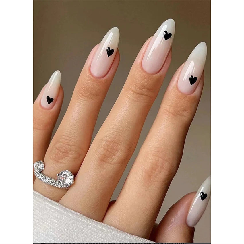 24 Pcs/Set Valentine's Day Long Almond Fake Nails Shape Novelty Pearl Bow Love Press on Nails Art Full Cover Stick-on Nails Tips