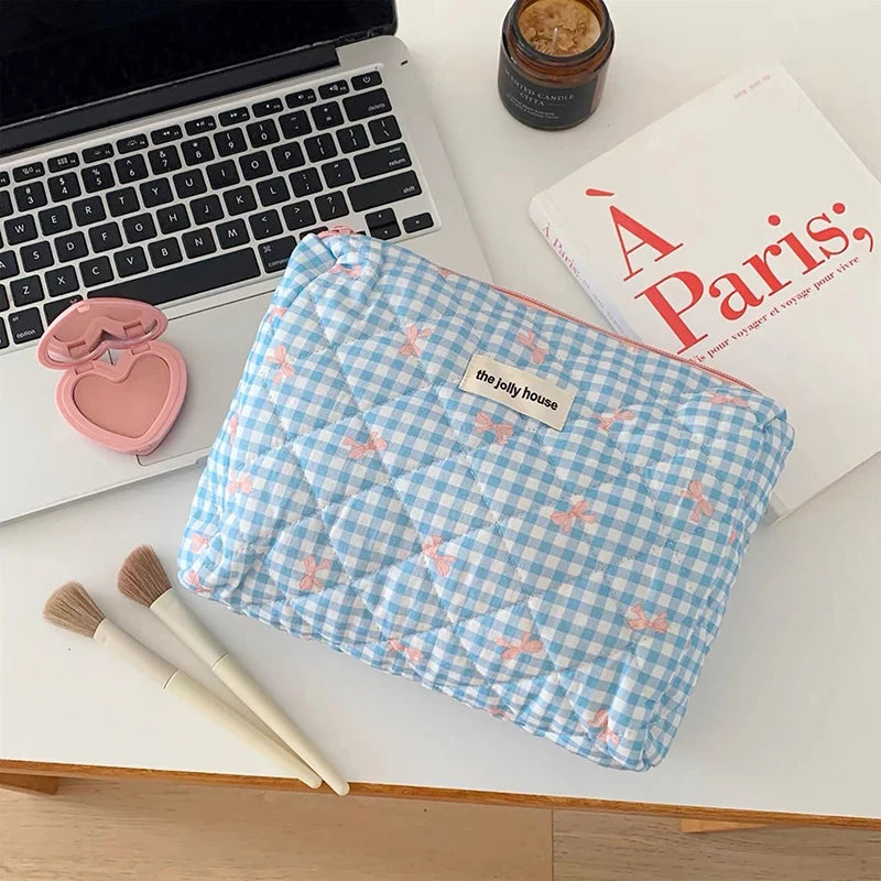 New Cartoon Bow Knot Tote Makeup Zipper Bag Women Large Capacity Quilting Pouch Washbag Cute Portable Cosmetic Storage Bag