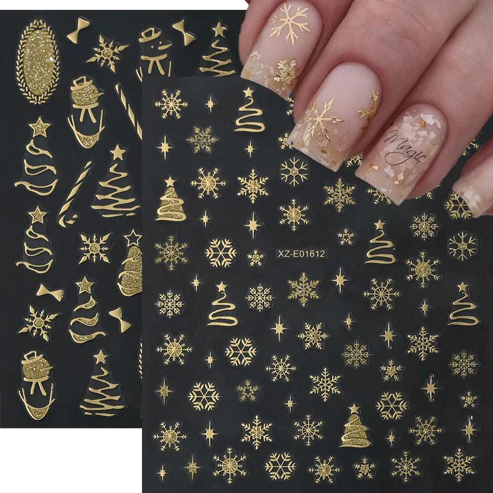 2pcs Gold Christmas Tree Snowflake Nail Art Sticker 3D Luxury Bronzing Glitter Snowman Star Bow Nail Decals Winter Xmas Nail Dec