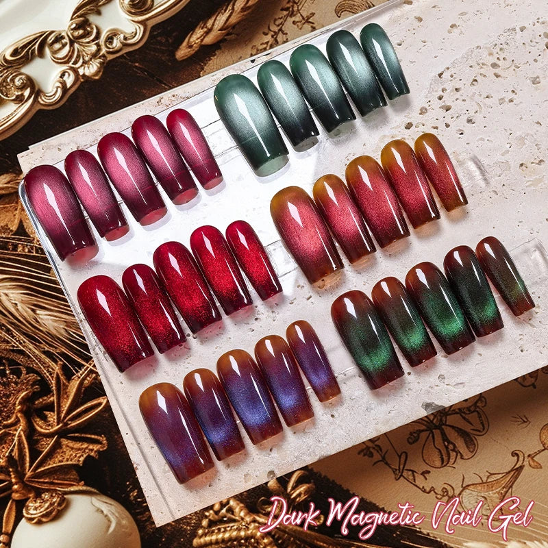 MEET ACROSS 7ml Autumn Dark Color Cat Magnetic Gel Nail Polish Glass Beads Cat Eye Gel With Glitter Nail Art Christmas Nails