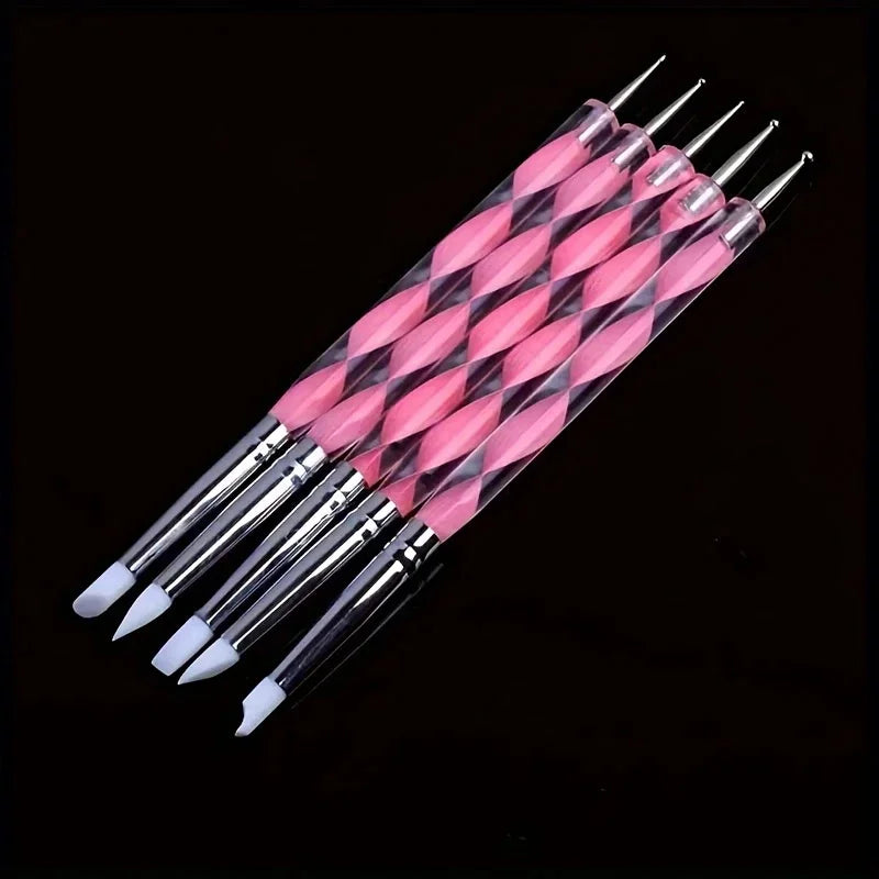 5pcs/Set Dual-end Nail Silicone Brushes Nail Art Dotting Pens Gel Polishable Carving Drawing Painting Tip Tools Nail Styling Pen