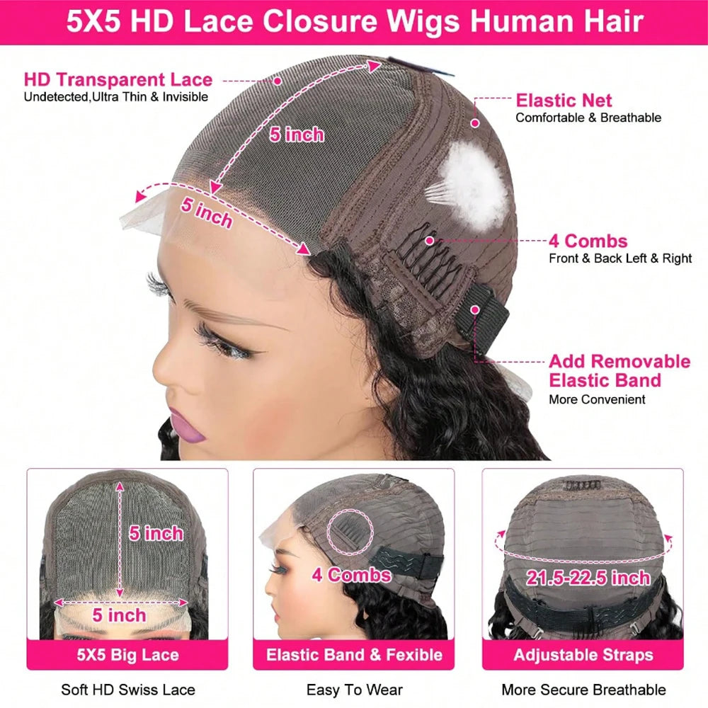 5x5 Glueless Wigs Human Hair Ready To Wear Deep Wave 13x4 13x6 Hd Lace Front Human Hair Wig Transparent Water Wave Curly Wigs