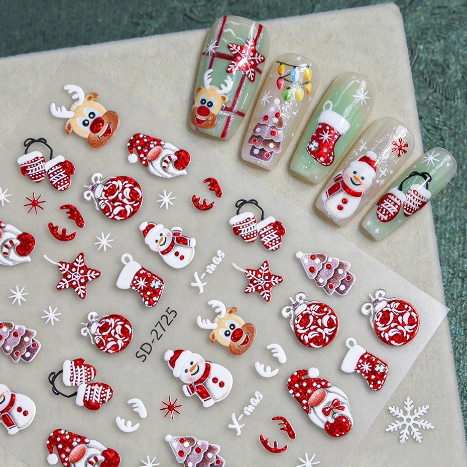 2 pcs Christmas Series Nail Stickers Cartoon Santa Claus Snowman Deer Bear Penguin Nail Decals Winter Xmas Holiday Nail Supplies