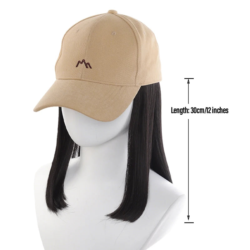 Beige Baseball Cap with 3D Mountain Embroidery + Synthetic Fiber Straight-Inner-Curl Wig – One-Piece Hair Hat for Effortless Dai