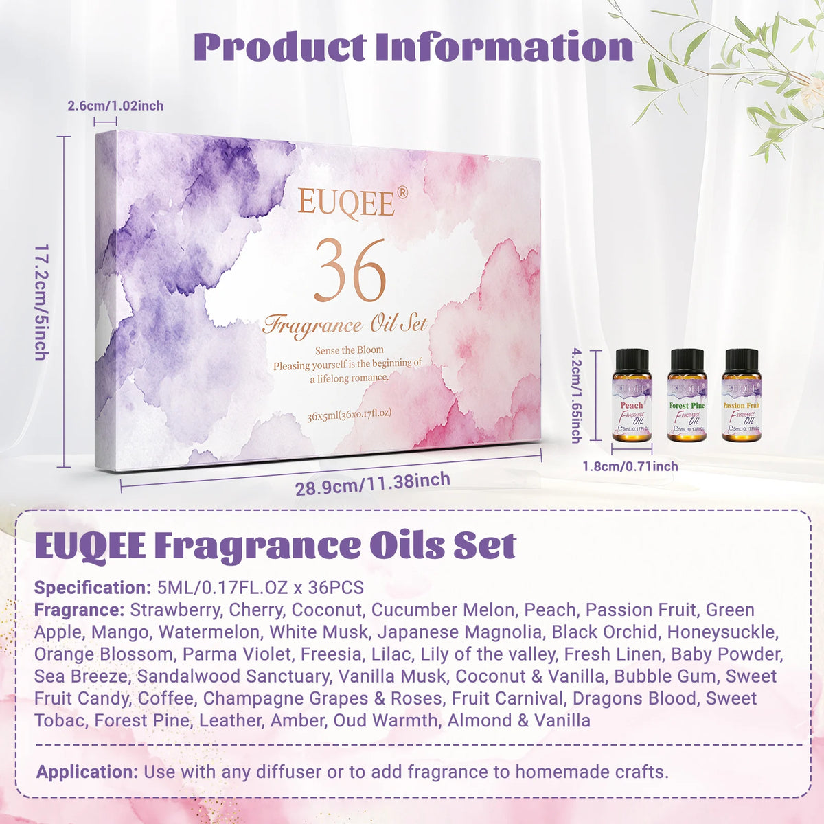 EUQEE 36 Bottles Fragrance Oils Coconut & Vanilla Sea Breeze Bubble Gum Baby Powder Amber Strawberry Cherry Mango Aroma Oil