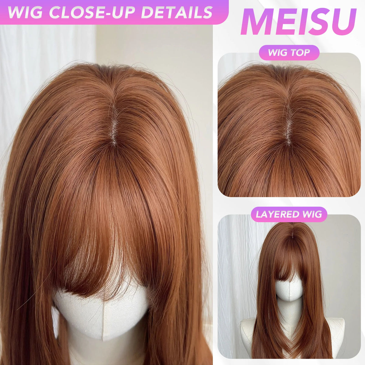 MEISU 26 Inch Straight Synthetic Wig Layered Dark Orange Heat-Resistant Natural Smooth Hair Stylish Party Bangs Wigs For Women