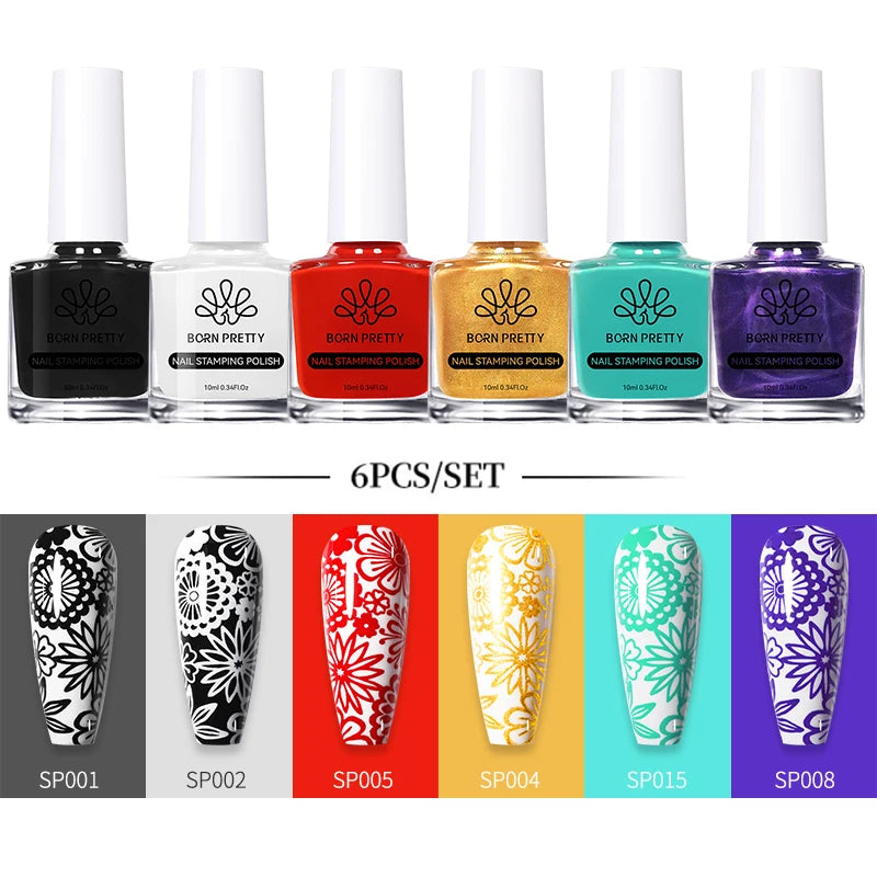 BORN PRETTY 10ml Stamping Nail Polish Set Gold Silver Black White Color Nail Printing Polish DIY for Nail Plate Design Varnish
