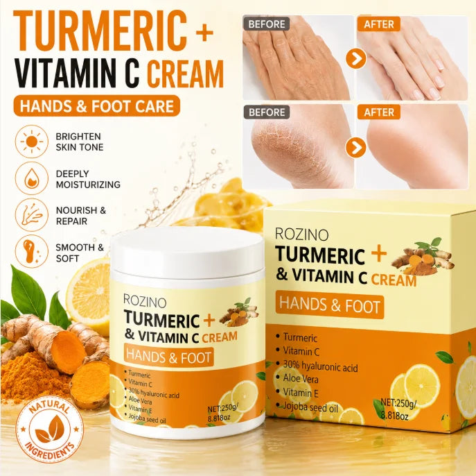 ROZINO Turmeric Vitamin Hand and Foot Cream has a fine and soft texture, and is refreshing and non-sticky when applied. Infused with turmeric and a variety of vitamin nourishing ingredients, it gently repairs fragile skin on