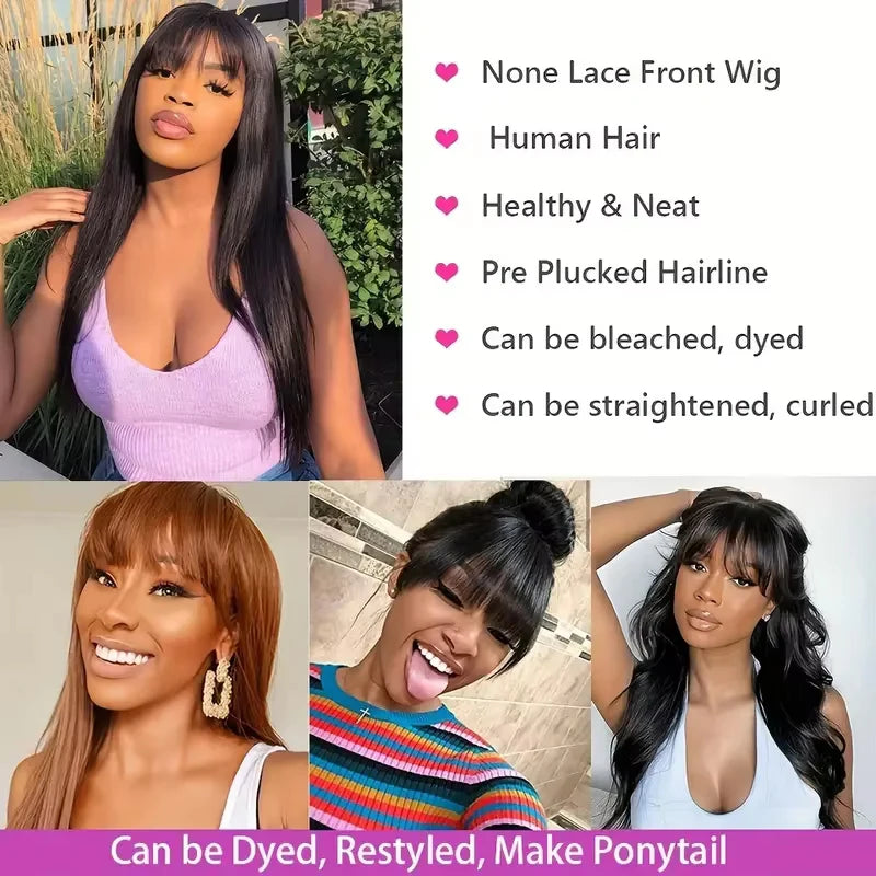 Silky Straight Human Hair Wigs With Bang Full Machine Made Wigs 8-30inch Natural Color AHJF Peruvian Remy Human Hair Wigs 220%