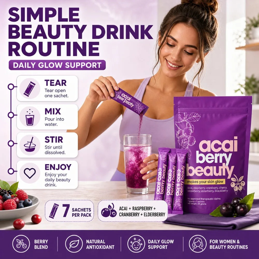 Beauty Berry Drink Powder for Daily Glow Support | Acai Raspberry Cranberry Elderberry Blend | 7 Sachets | Natural Antioxidant