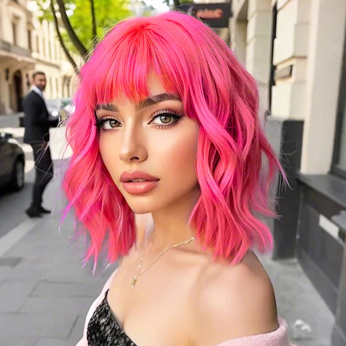 14inch Short Wavy Bob Synthetic Wig with Air Bangs Heat Resistance Shoulder Length Curled Wigs for Daily Use Cosplay for Women