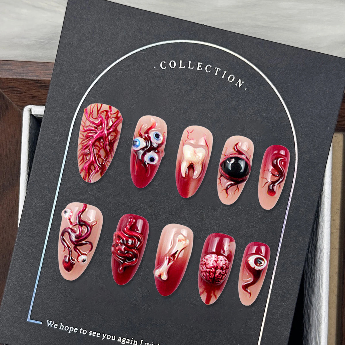 30pcs Bloody Red French Style Fake Nails Spooky 3d Eyeballs Tooth Vascellum Decor Press On Nails Horror Halloween False Nail