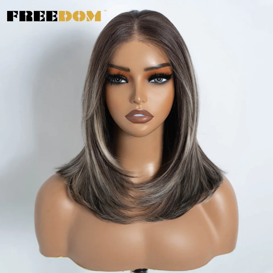 FREEDOM Synthetic Lace Front Wigs For Women Straight Bob Layered Wigs 13X3 Pre Plucked 16" Ombre Blonde Highlight Daily Use Wig