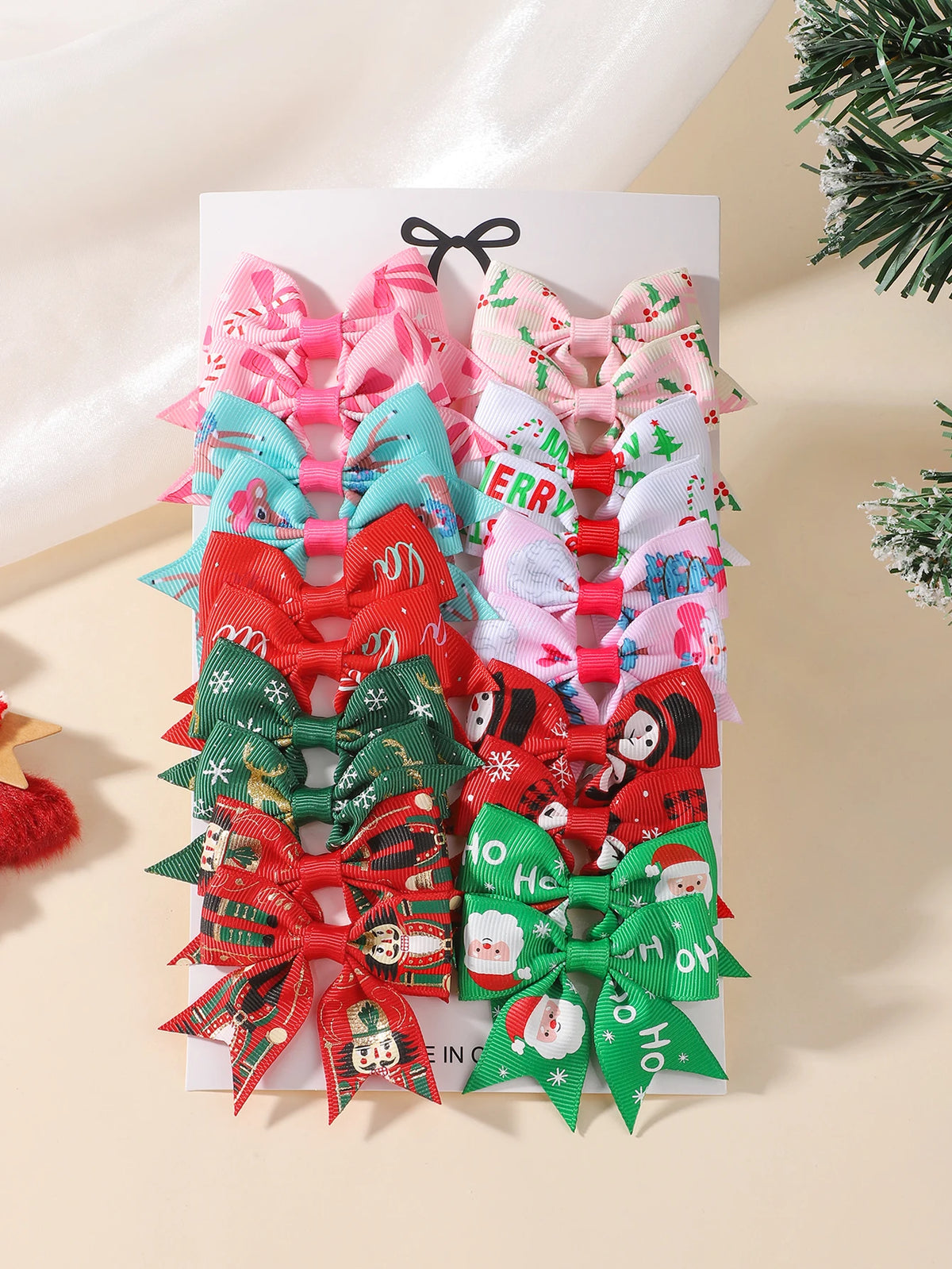 20Pcs New Year Ribbon Bows Hair Clips Set for Baby Girls 2.4' Christmas Elk Santa Bowknots Hairpins Headwear Hair Accessories