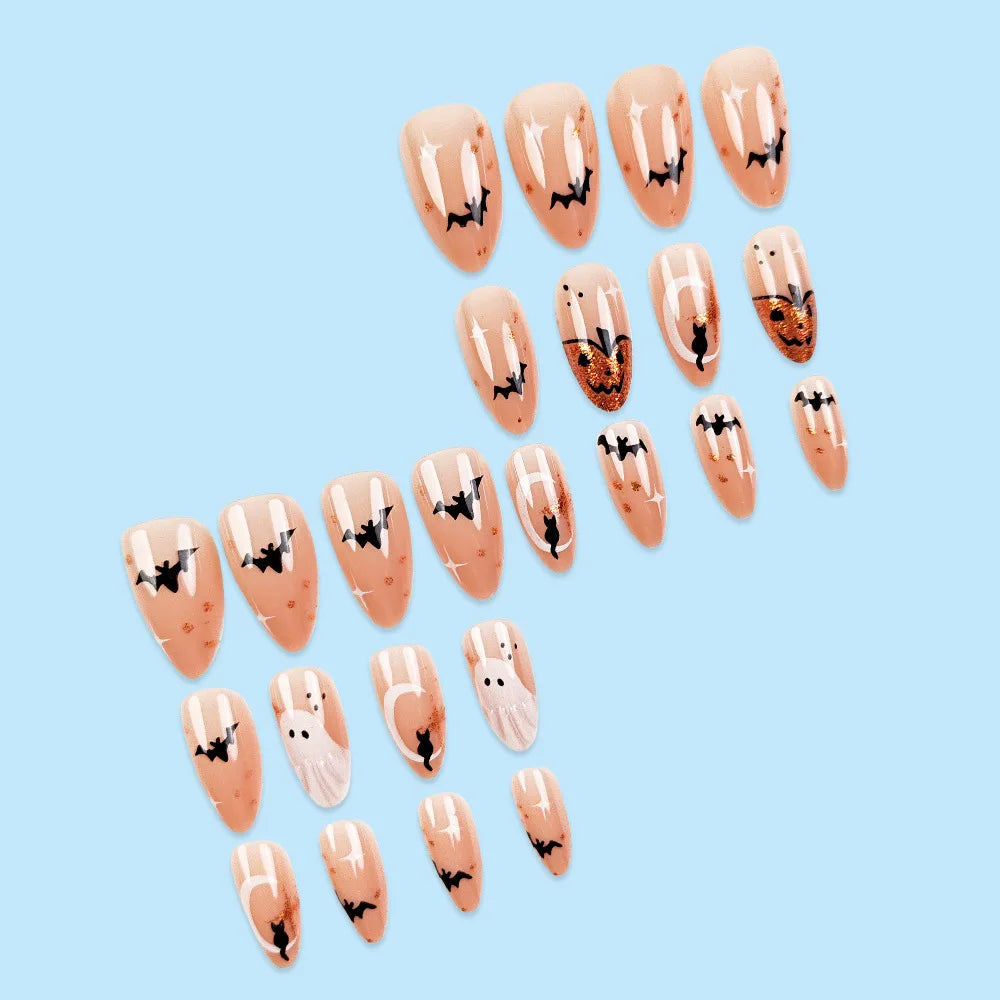 24pcs Simple Almond Press on Nails Cute White Ghost Bat Decor False Nails Wearable Reusable Spicy Cool Halloween Fake Nail Tips