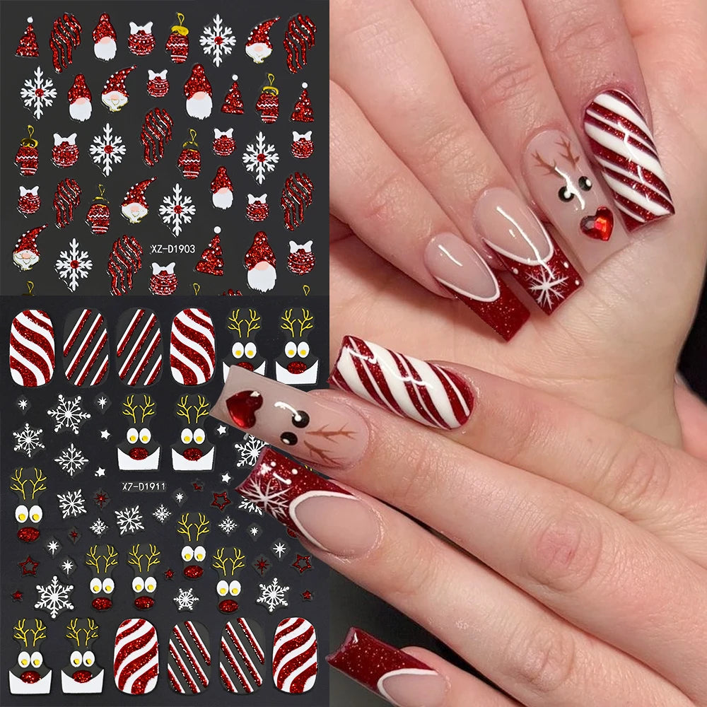 12Pcs Red Glitter Christmas Nail Sticker Gold Silver 3D Santa Claus/Snowflake/Elk/Snowman Winter Nail Decals Xmas Festival Decor