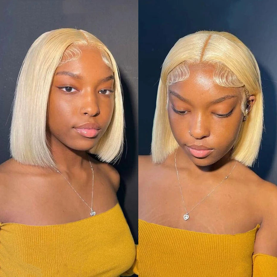 Short Bob Wig Human Hair 13x4 13x6 Transparent Lace Front Human Hair Wigs For Women 613 Honey Blonde Color Lace Frontal Wigs Pre Plucked 220% Density 10 12 14 inch Straight Brazilian Hair