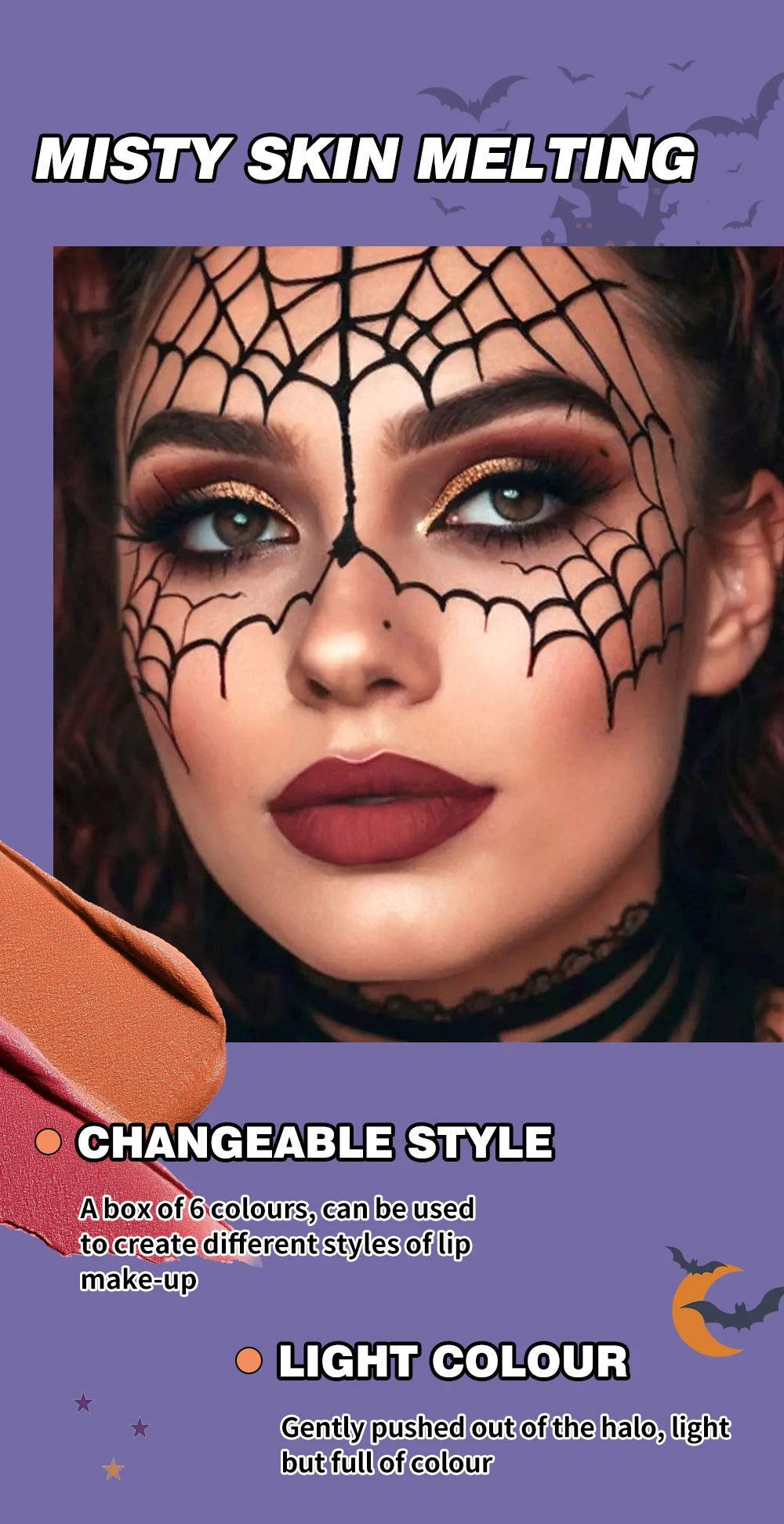 QIBEST Halloween Lipgloss Makeup Sets Matte Liquid Lipstick Waterproof Red Lipgloss Black Purple Orange Non-Stick Cup Lipstick