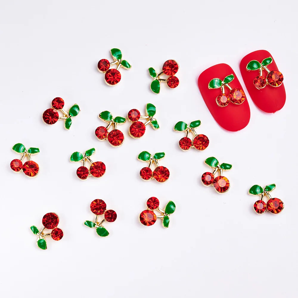 20Pcs Glitter Cherry Rhinestone 3D Nail Charms 10mm Red & Pink Cherry Christmas Nail Art Y2K Alloy Metal Gold Cherry Nail Part