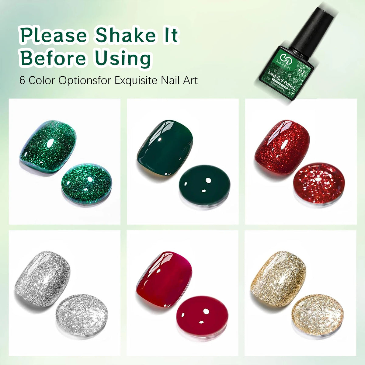 6 Colors Christmas Holiday Gel Nail Polish Set, Dark Green Red Silver Champagne Glitter Gel Polish Kit for Christmas Manicure