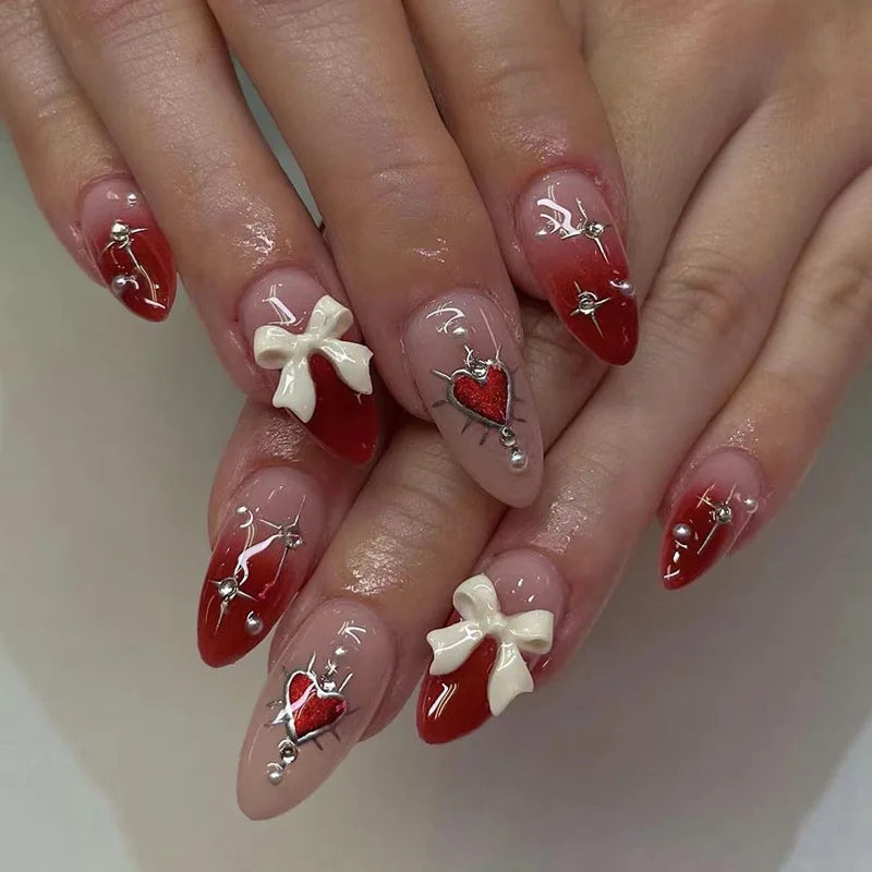 24 Pcs/Set Valentine's Day Long Almond Fake Nails Shape Novelty Pearl Bow Love Press on Nails Art Full Cover Stick-on Nails Tips