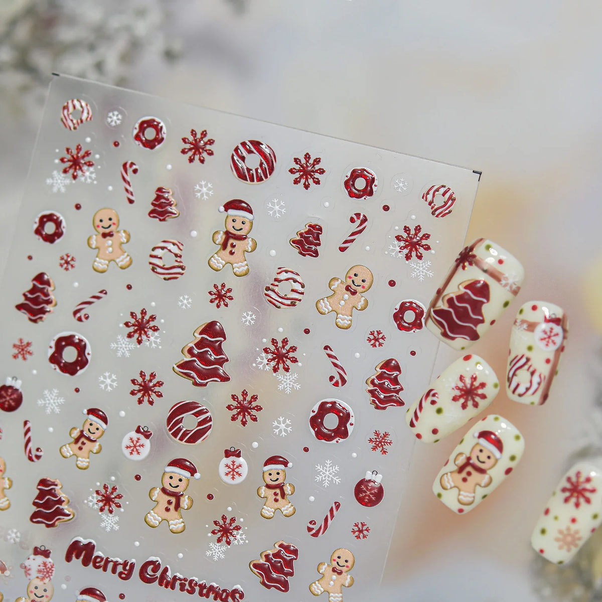 5D Embossed Red Jelly Christmas Gingerbread Man Nail Stickers Snowflake Candy Cane Xmas Tree Nail Decals Holiday Manicure Decor