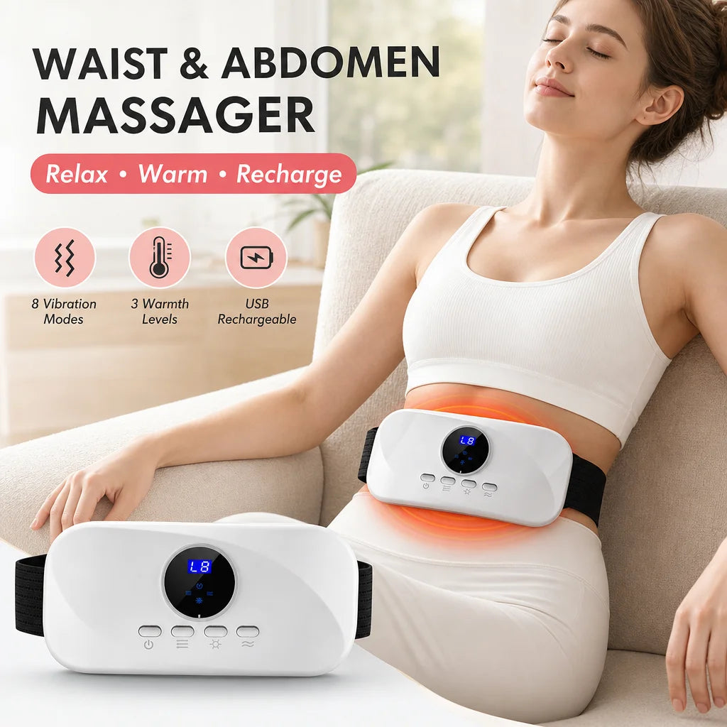 Cordless Abdominal Heating Massage Belt - 8 Vibration Modes, 3 Hot Compress Levels, for Menstrual Period,Daily Muscle Relaxation