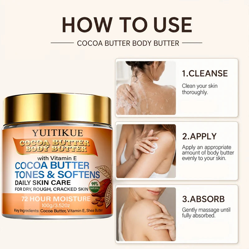 YUITIKUE Natural Cocoa Butter Body Butter, Shea Butter Vitamin E 72H Moisturizer for Dry Cracked Skin 100g