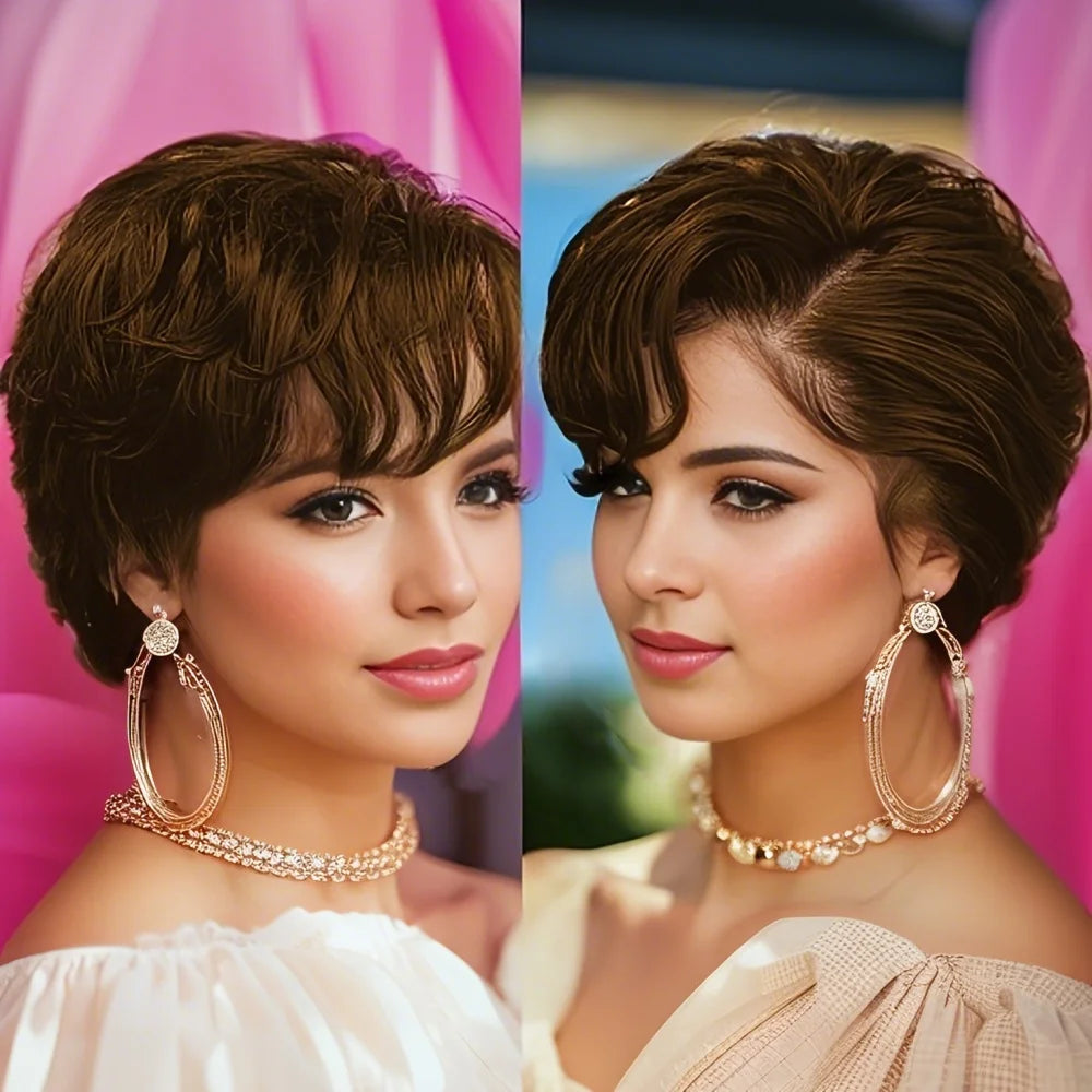 13x4 Lace Front Wig Human Hair Transparent Frontal Wig Pixie Cut Wigs Natural Wave Short Layered with Bangs Wig for Women