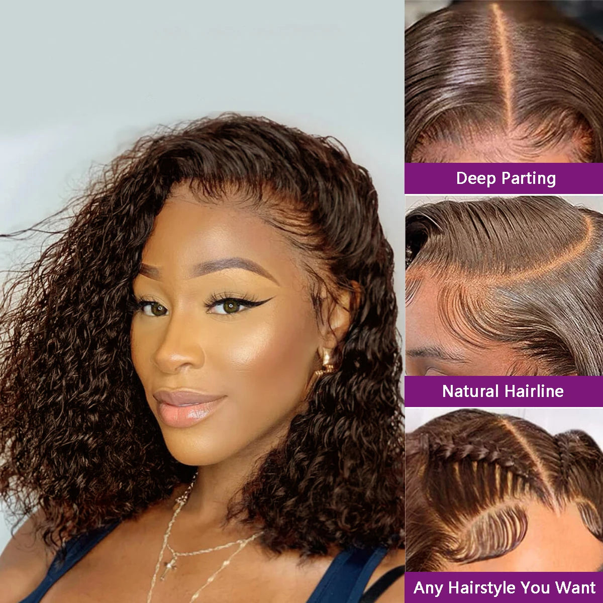 250% Dark Brown Deep Wave Short Bob Wig Human Hair Curly Transparent Lace 13x4 Human Hair Wigs Pre Plucked 10-16 Inch