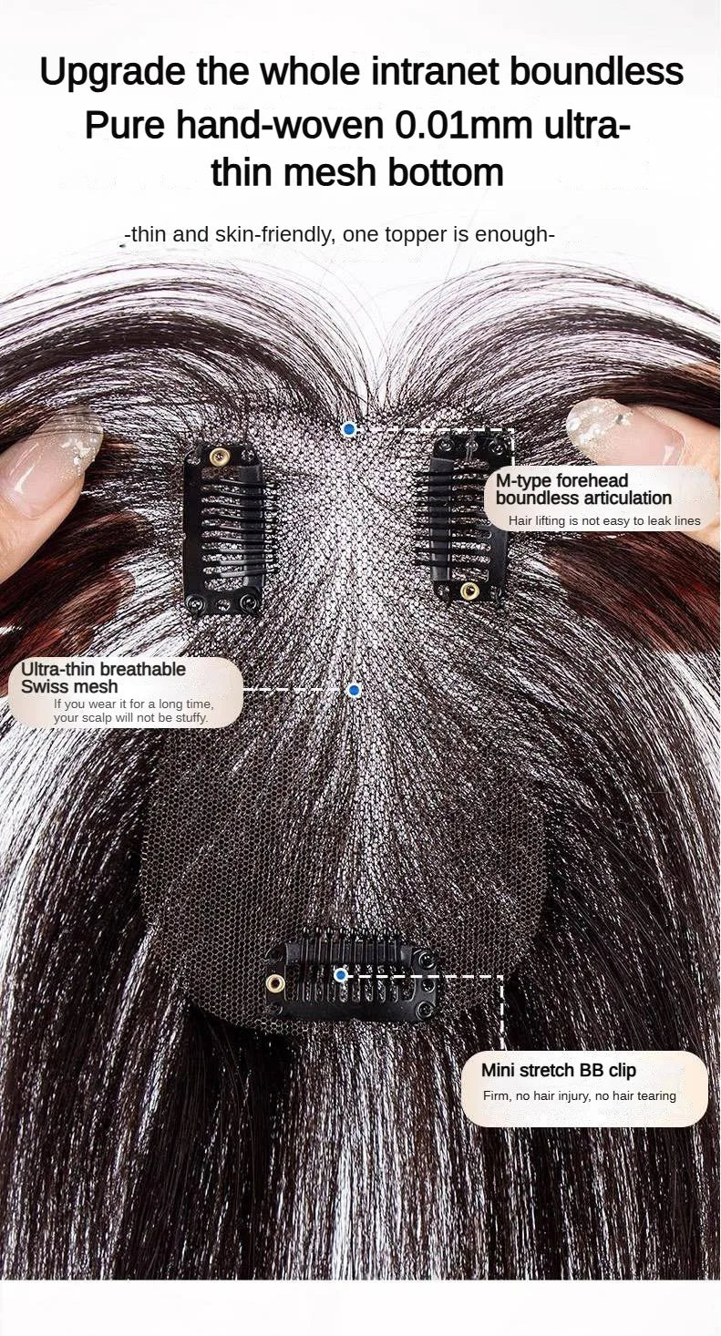 7x11cm Ultra-Thin Mesh Hair Toppers Clip-In Bangs Human Hair Fluffy Volumizing Cover Gray Hair Invisible Natural Women Daily